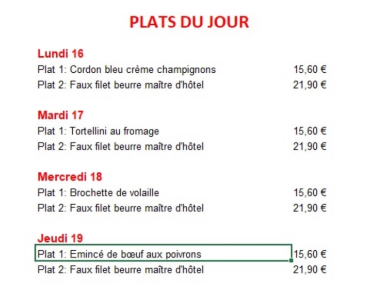 Menu de la semaine